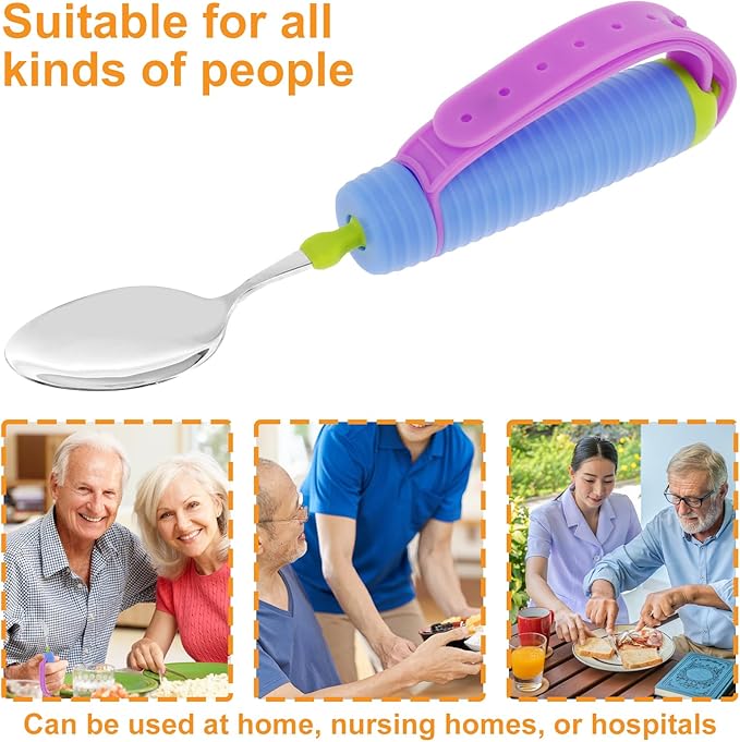 Adaptive Utensils for Elderly, Built Up Bendable Fork, Easy Grip Silverware for Hand Tremors, Weak Hand Grip & Handicapped, Arthritic Hands - Non-Slip Handles, Adaptive Spoon and Fork for Disability