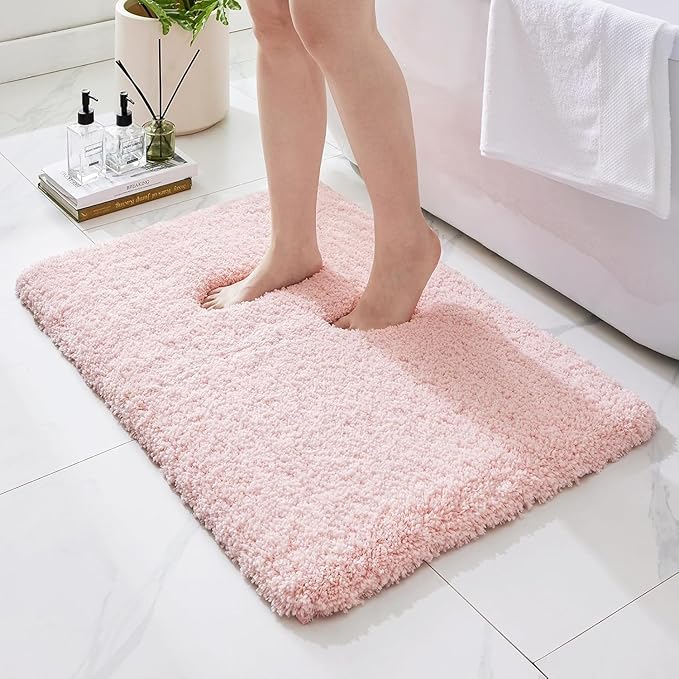 Bathroom Rugs Non Slip Washable 32x20, Ultra Thick Soft Microfiber Absorbent Bath Mats, High Density Foam Latex Non Slip Backing Bath Rugs, Fluffy Floor Carpet for Tub&Shower, Pink