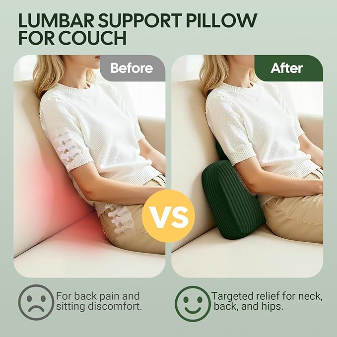 Lumbar Support Pillow for Recliner, Back Support Pillow for Office Chair, Ergonomic Corduroy Lumbar Pillow with Shredded Foam, Lower Back Pain Relief for Gaming Chair, Couch, Green