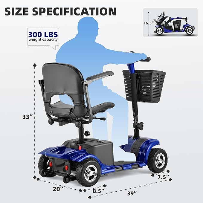 Mobility Scooter for Adults, Senior, 4 Wheels Electric Powered Chargeable Device for Travel, Lightweight Mobility Scooter, with LED Headlights and Basket, Charger Included