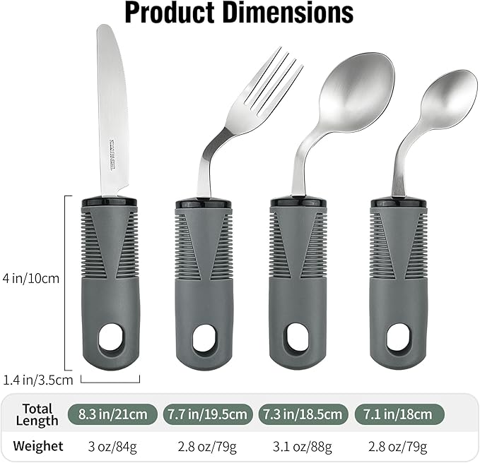 Adaptive Utensils Set, 4-Piece Weighted Utensils with 2 Elastic Strap for Parkinson’s, Arthritis and Hand Tremors, Non-Slip Handles for Easy Grip & Independence, Left Handed