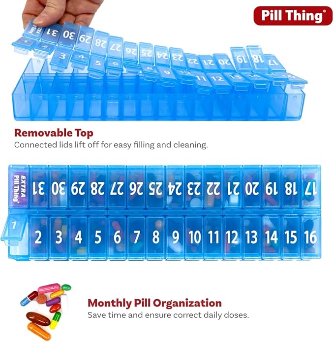 XL Monthly Pill Organizer, Once-a-Day 31-Day Medication Storage Box w/Removable Lid, Extra Compartment for Additional Pills, BPA-Free (XL Blue – 1 Count)
