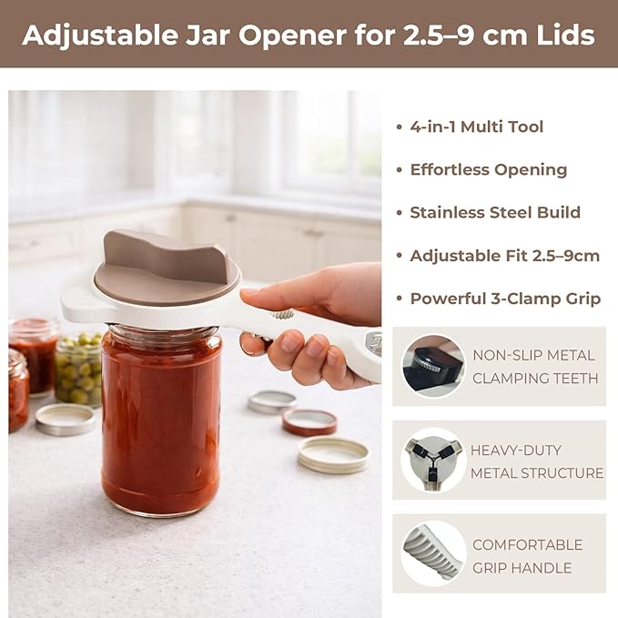 Bottle Openers for Seniors, Adjustable Stainless Steel Jar Opener 4-in-1 Multi Function Lid Remover with Secure Grip Clamps, Easy Twist Kitchen Tool (Beige)