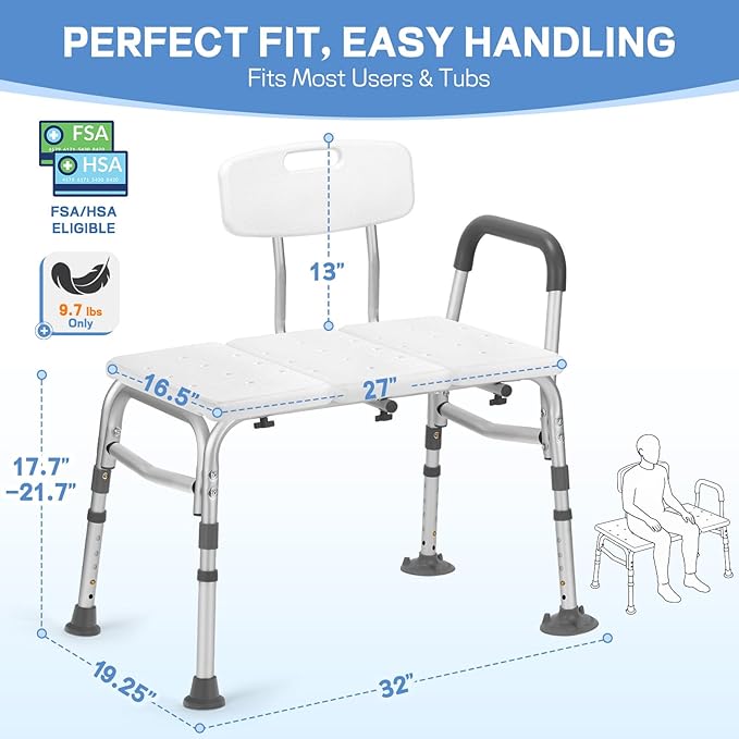 TABEKE Tub Transfer Bench for Bathtub, Tool Free Assembly Shower Chair with Backrest & Armrest, Height Adjustable Shower Bench, Shower Seat for Elderly and Disabled
