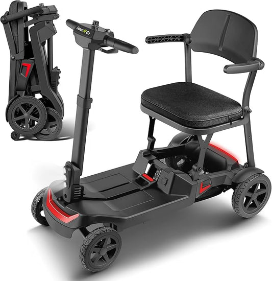 SCOOTNGO Mobility Scooters for Seniors, 4 Wheel Foldable Lightweight Airline Approved Mobility Scooter for Adults, Dual Batteries, Portable, No Assembly Needed (Black Red, Standard)