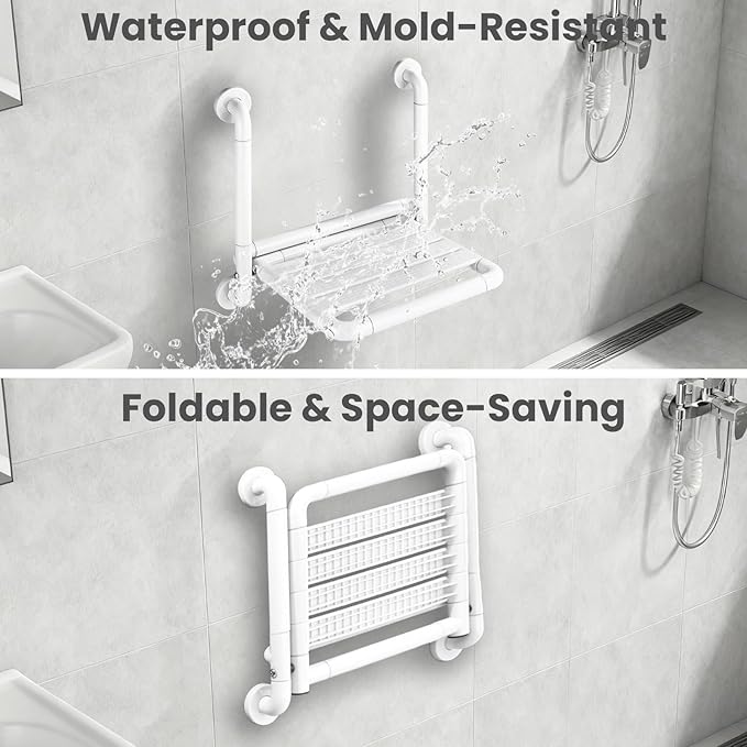 16-Inch Wall Mounted Shower Seats with Armrests, Space-Saving Foldable Shower Bench for Small Bathrooms, Safety Wall-Mounted Foldable Shower Chair with Reflective Strips, Holds up to 330 lbs
