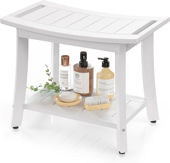 Waterproof Shower Benches for Inside Shower, Poly Lumber Shower Stool with Storage Shelf & Adjustable Feet, SPA Bathroom Seat Chair for Shaving Legs, Indoor or Outdoor Use, White
