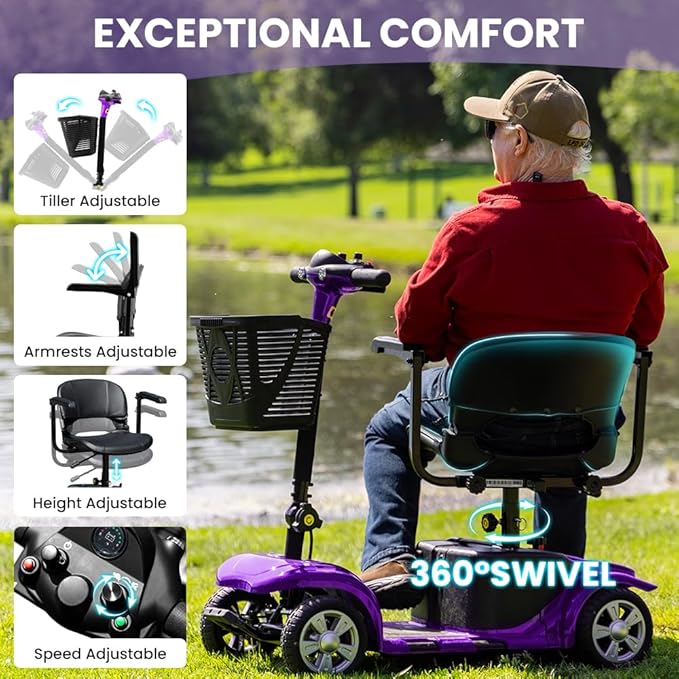 Arshin Mobility Scooter, Electric Foldable Mobility Scooter 300lbs Capacity with Detachable Battery, 15-Miles Powered Mobility Scooters for Seniors & Adults with USB Port, Charger Included (Purple)