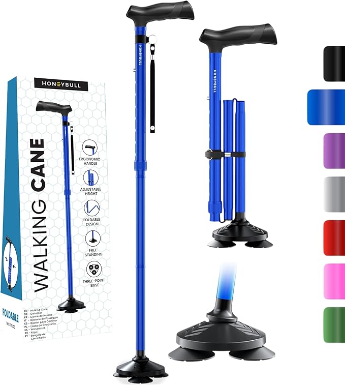 HONEYBULL Walking Cane for Men & Women Foldable, Adjustable, Heavy Duty, Free Standing, All Terrain, Collapsible Walking Sticks for Seniors & Adults