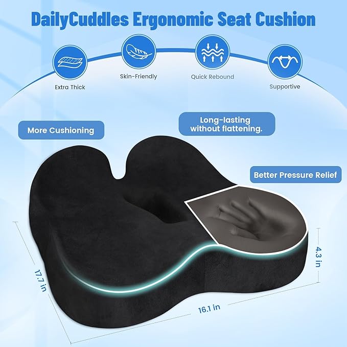 Wheelchair Seat Cushion, Premium Memory Foam Office Chair Cushion, Supportive Donut Pillow for Sciatica, Tailbone & Back Relief, Ergonomic Long Sitting Chair Pad for Car, Airplane, Black