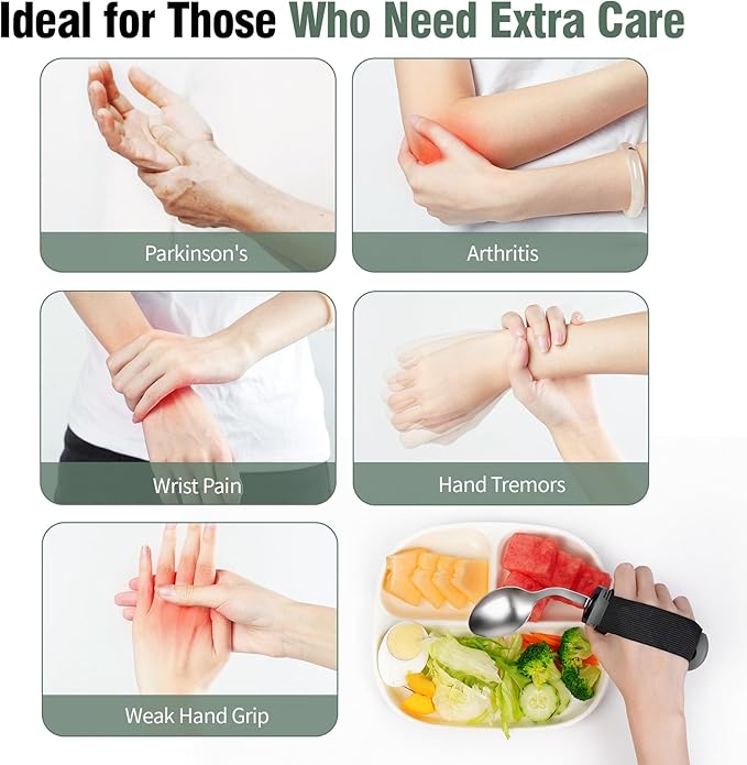 Adaptive Utensils Set, 4-Piece Weighted Utensils with 2 Elastic Strap for Parkinson’s, Arthritis and Hand Tremors, Non-Slip Handles for Easy Grip & Independence, Left Handed