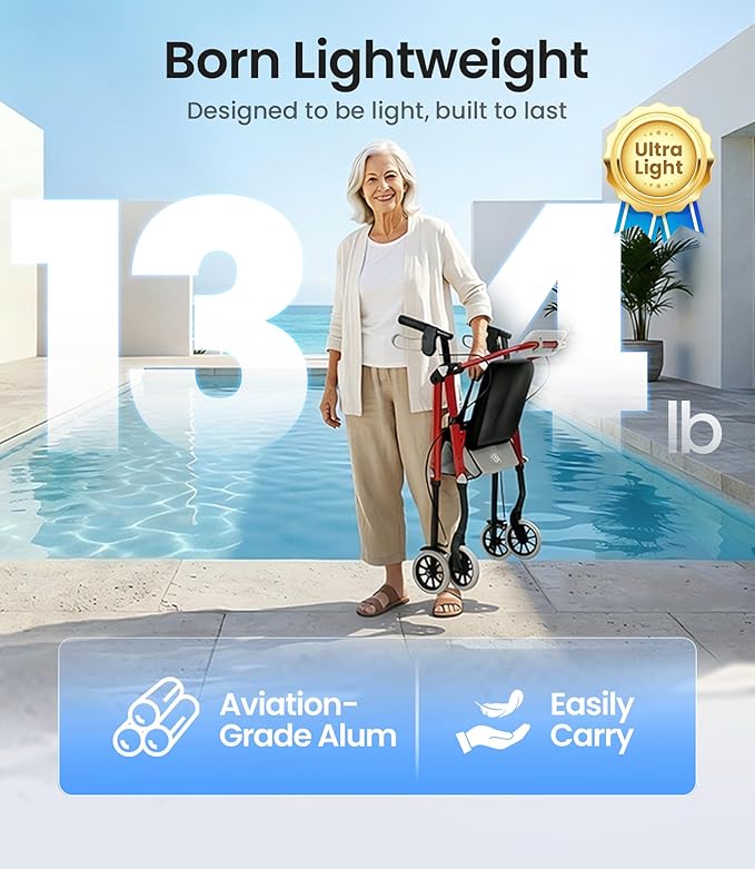 VOCIC Walkers for Seniors, Z12 Rollator Walker with Seat, Ergo Seat & Backrest, Foldable Rollator Adjustable Height, All Terrain Walker, Ultra Light