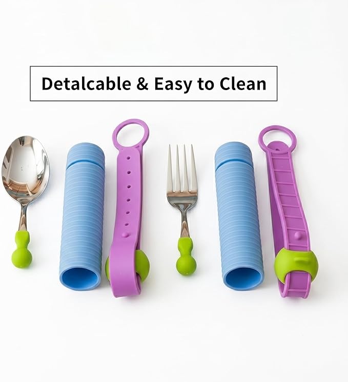 Weighted Adaptive Utensils for Enhanced Stability - Bendable, Non-Slip Utensil Set with Adjustable Wrist Strap & Customizable Weight - Assistive Eating Tools for Daily Independence (Blue)