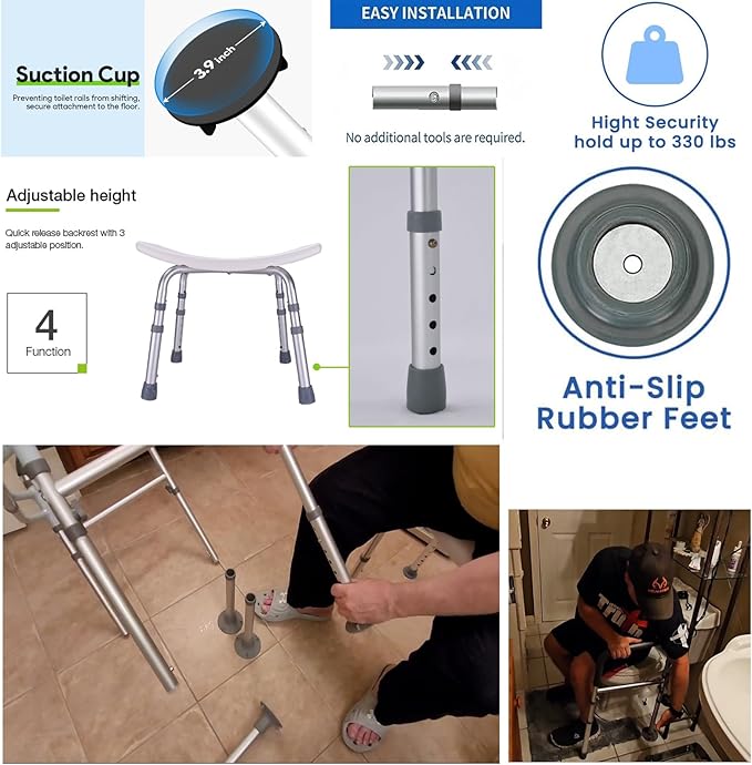 Universal Foot Tube and Suction Cup Tips for Toilet Safety Rail, Shower Chair, and Bath Bench - 5 Adjustable Heights, Replacement Suction Cup Tips and Aluminum Tubes, Easy Install, 2 Pack