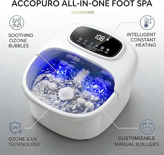 Foot Spa Bath Massager with Heat & Bubbles, Foot Soaking Tub with UV Ozone Refresh & Adjustable Temperature, Manual Rollers, Feet Soaker Gift Set with Bath Salts for Parents & Couples (White)