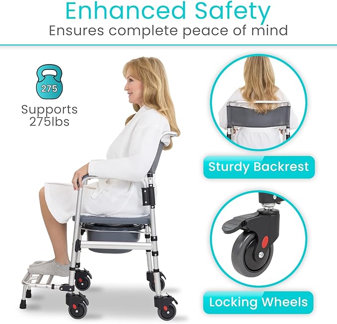 Vive Commode Shower Chair with Wheels - 3-in-1 Bathroom & Bedside Wheelchair for Seniors, Adults, Elderly, Disabled, Handicap - Rolling Toilet Transfer Seat w/Arms, Footrest, & Removable Bucket