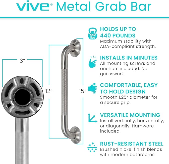 Vive Grab Bar for Bathtubs and Showers (Textured) - Handicap Bathroom Safety Rail for Elderly - Wall Handle for Tub, Toilet, & Bath - Disability Assist Device Accessory Handrail