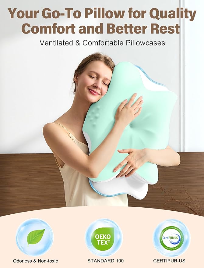 Cervical Neck Pillow for Pain Relief – Ergonomic Memory Foam Pillow for Side Sleeper Contour Orthopedic Bed Pillow for Neck Support with Cooling Cover – Ideal Christmas Birthday Gift for Women - Green