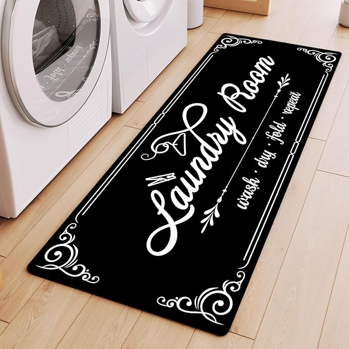 Laundry Room Rug Runner, 17.7"x45" Non Slip Black Laundry Rugs, Farmhouse Washable Floor Laundry Mats for Laundry Room, Mudroom, Kitchen, Washroom, Bathroom, Hallway Entryway Area Rugs Decor
