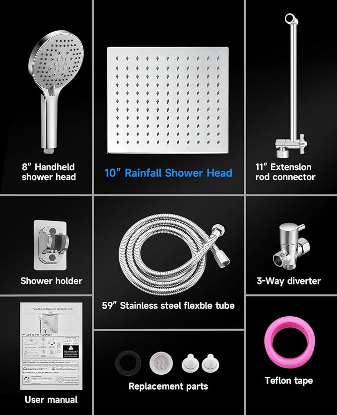 10 inch Rain Shower Head with Handheld Spray Stainless Steel, High Pressure Square Rainfall Showerhead Combo with 6 Handheld Sprayer, Detachable Shower Heads Waterfall Shower for Bathtub