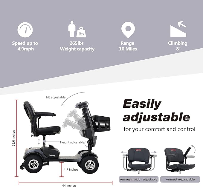 Mobility Scooter for Seniors and Adults Patriot Grey, 300W Powerful Motor, 9” Pneumatic Tires with Rear Suspension, Premium Windshield Design with Cup Holder, 360° Swivel Seat