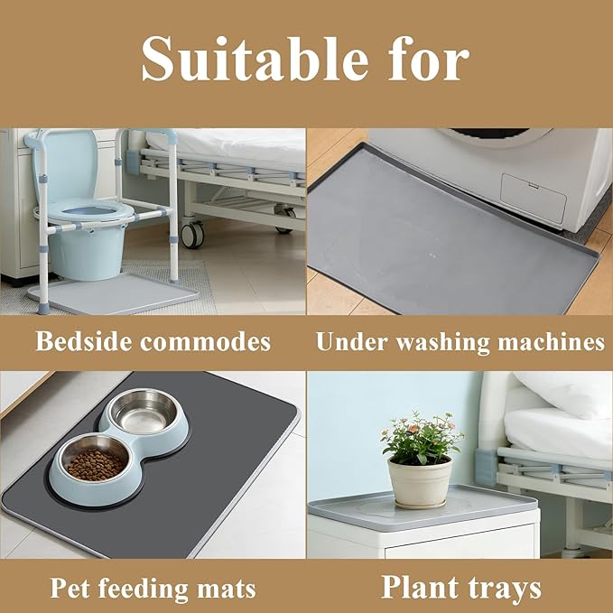 Bedside Commode Mat for Seniors & Adults | Non-Slip, Waterproof Commode Toilet Pad with Raised Edge | Reusable Silicone Potty Chair Mat for Portable Bedside Toilet Commode (Gray, Large 23.6"x19.7")