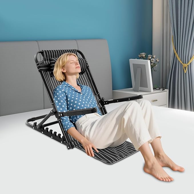 Lifting Bed Backrest, Adjustable Bed Backrest with 7-Position Support & Pillow - Foldable Reading Chair for Elderly, Patients, Home Use, Max 220Lbs, Black Stripe