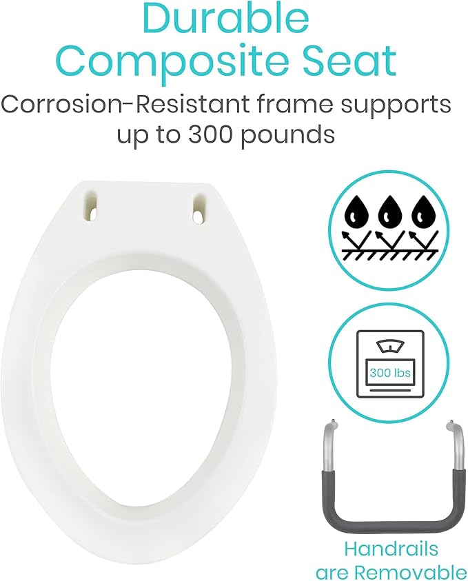 Vive Raised Toilet Seat Riser for Seniors (with Handles) - Handicap Rail Grab Bar Seat for Over Toilet - Elevated Safety for Elderly, Disabled, Medical - Elongated