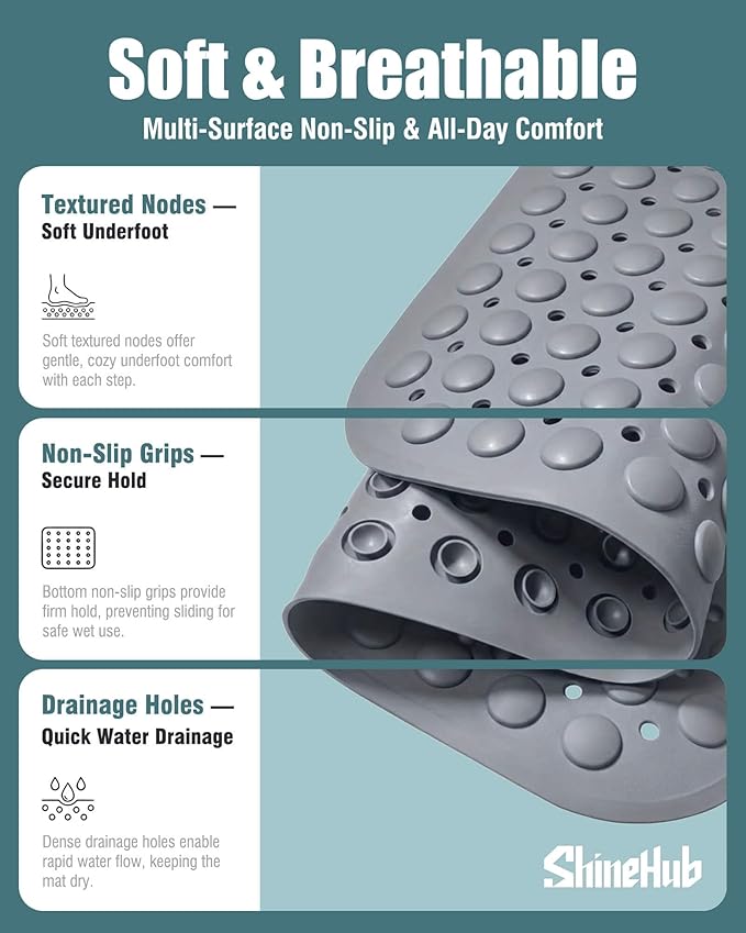 7mm Extra Thick TPE Bath Mat, Non-Slip Shower Mat for Bathroom and Tub, 28x16 Inch with Drainage Holes and Stability Grip, Machine Washable, Mist Pine Gray