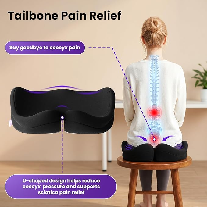 ZZ-WELL Seat Cushions for Office Chairs - Patented Coccyx Cushion for Tailbone Pain - 21.2" W x 16.5" L Memory Foam Extra Large Seat Cushion, Removable & Machine Washable Cover (Black)
