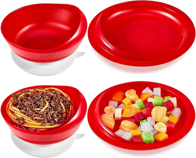 Hushee 2 Sets Adaptive Spill Proof Scoop Bowl and Plate Set with Suction Base Non Skid Self Feed Suction Dinnerware for Elderly Disabled Handicapped from Parkinsons Tremor (Red)