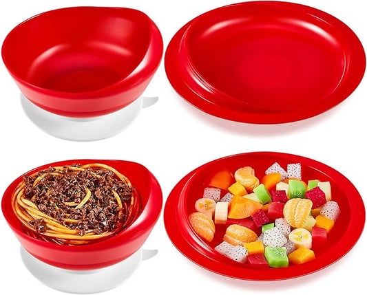 Hushee 2 Sets Adaptive Spill Proof Scoop Bowl and Plate Set with Suction Base Non Skid Self Feed Suction Dinnerware for Elderly Disabled Handicapped from Parkinsons Tremor (Red)