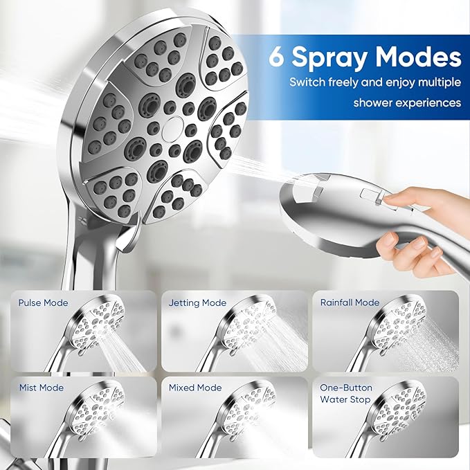 High Pressure Shower Head with Handheld, 6 Spray Modes & Pause Button, 4.1” Rainfall Detachable Showerhead with Anti-burst Nylon Hose & Holder, Premium ABS, Anti-Clog Nozzles, for Low Water Pressure
