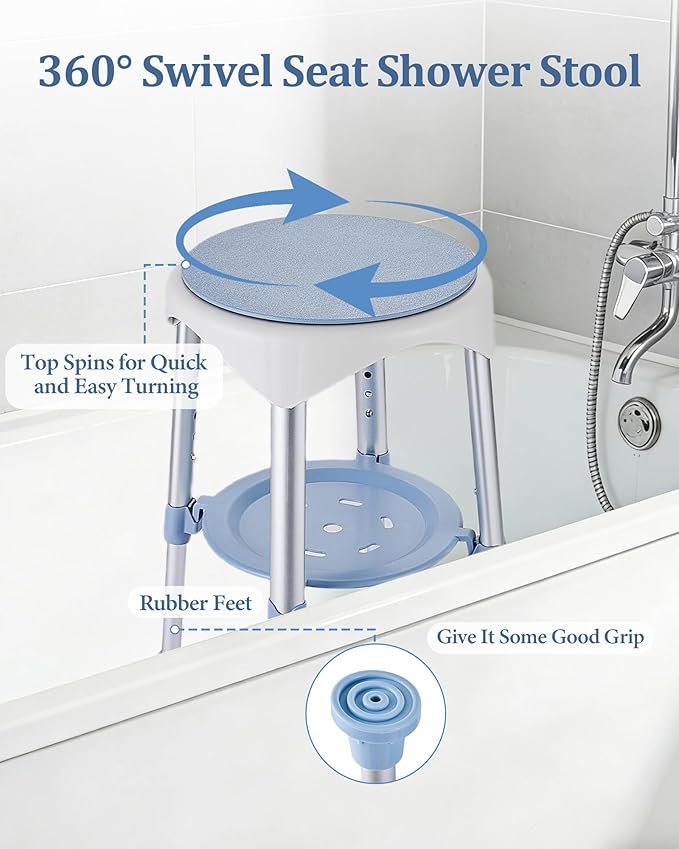 Shower Stool with Storage Tray, Height Adjustable Rotating Shower Chair for Seniors and Adults, 360° Swivel Tub Transfer Bench for Bathroom and Inside Shower (Blue)