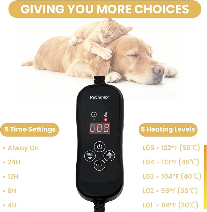 Large Dog Heating Pad & Heated Pet Bed for Big Dogs and Multiple Pets, Waterproof Pet Heating Pad with 5 Adjustable Heat Settings, Timer, Auto Shut-Off and Chew Resistant Cord, 26'' x 20''