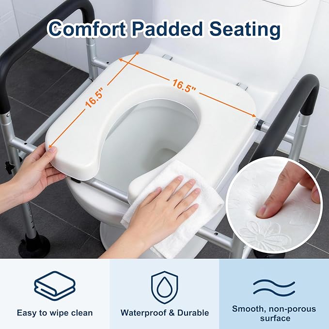Adjustable Raised Toilet Seat with Handles for Seniors, 400lbs Capacity Elongated Toilet Seat Riser, Elevated Toilet Seat with Soft Cushion & Removable Armrests