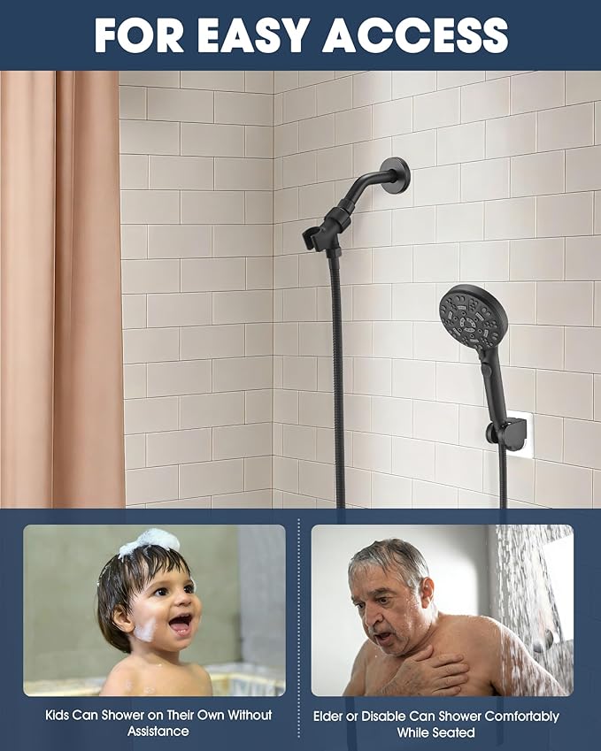 Handheld Shower Head with 6.56ft Extra Long Hose, On Off Switch 8-Seting High Preesure Hand Held Showerhead, Low-Reach Adhesive Holder for Kid, Disable& Elder (Matte Black)