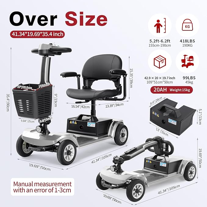 Foldable Mobility Scooter for Seniors - 418 LBS Weight Capacity, Tight Turning Radius, Easy to Use & Fold, Fits in Car Trunk, 21.7-Mile Range, 360° Seat
