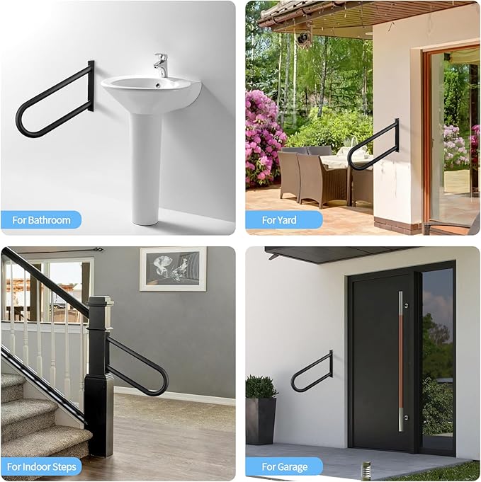 Hand Rails for Outdoor Steps,Hand Rails for Elderly, Porch Railing & Deck Hand Rail Wall Mount Stair Hand Grab Bars, U-Shape Safety Handle for Garage, Porch, Garden (Angled Handrails-16inch)