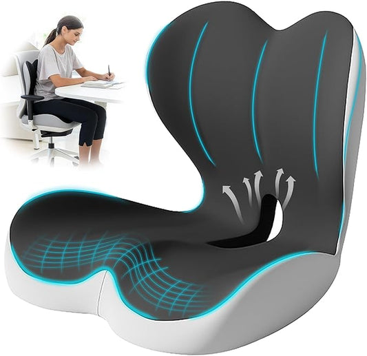 Seat Cushion for Office Chair and Car, Lumbar Support Pillow for Office Chair, Memory Foam Ergonomic Seat Cushion for Long Sitting, Back & Tailbone Pain, Sciatica - Dark Gray & Light Gray