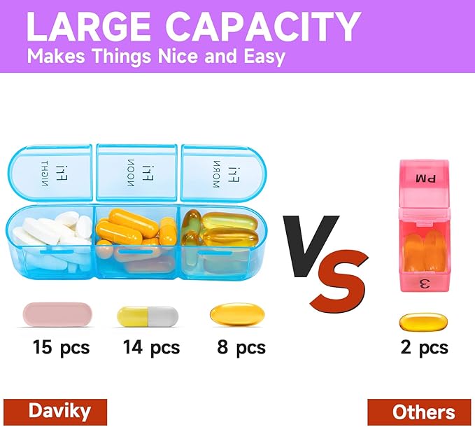 Daviky Weekly Pill Organizer 3 Times a Day, Travel Pill Organizer 3X a Day, Pill Box 7 Day, Daily Pill Box Organizer, Pill Cases Organizers 7 Day, Medicine Organizer to Hold Vitamins and Medication