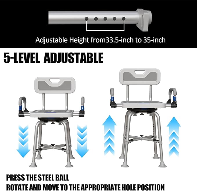 360° Swivel Shower Chair for Elderly and Disabled 400lbs Heavy Duty Bathing Transfer Stool with Armrests & Backrest Adjustable Height Bath Chair for Inside Shower Standard Bathrooms & Bathtubs Gray
