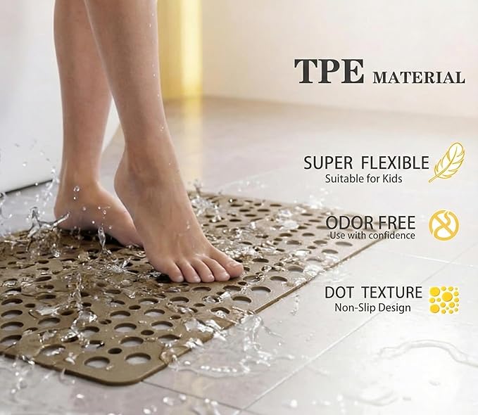 Nonslip Bathtub Mat Extra Soft TPE Bath Mat for Kids, Machine Washable Bathroom Shower Mat, Smooth/Non-Textured Tubs Only, 30 L x 17 W Inch (Brown)