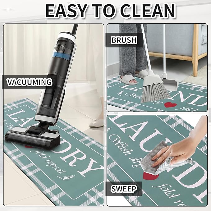 XLHOMO Laundry Room Rug Runner, 17"x47" Buffalo Plaid Non Slip Teal Laundry Rugs, Farmhouse Washable Floor Laundry Mats for Laundry Room, Mudroom, Kitchen, Washroom, Bathroom, Entryway Rugs Decor