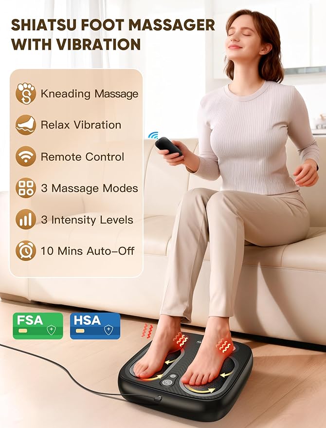 Foot Massager, Shiatsu Foot Massager Machine with Vibration for Plantar & Neuropathy, Electric Foot Massager for Fasciitis Relief & Circulation - 3 Intensity, 3 Modes