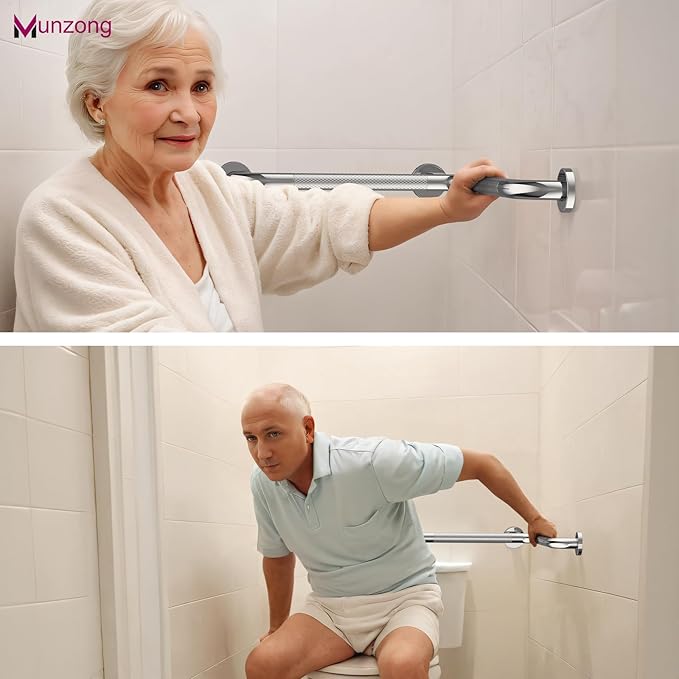 Angled Shower Grab Bar, Munzong Anti Slip Chrome Bathroom Grab Bar, L-Shaped Knurled Balance Bar, Safety Hand Rail Support Handicap Elderly Injury Senior Assist Bath Handle