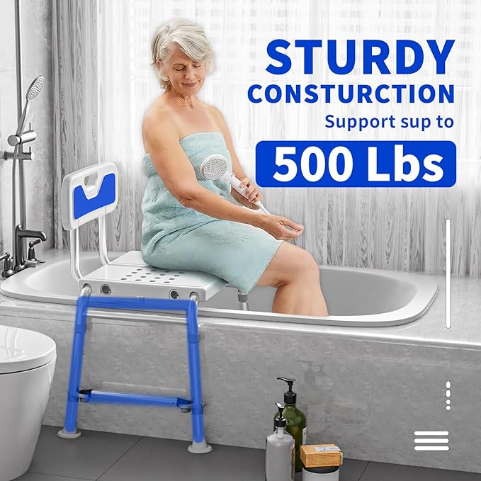 Heavy Duty Width Adjustable Bath Tub Transfer Shower Bench for Inside Tub Extended Shower Chair with Adjustable Height and Reversible Backrest Handicap Shower Chair Seat for Elderly and Disabled