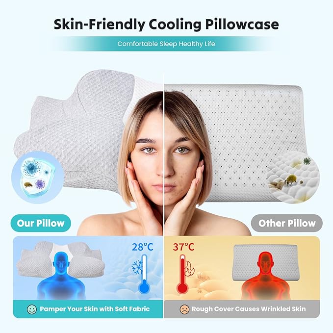 DUMOS Cervical Neck Pillow for Sleeping, Cooling Ergonomic Memory Foam Pillow with Arm Rest Slot and Ice Silk Pillowcase, Dual Height Orthopedic Support Contour for Side, Back, Stomach Sleepers