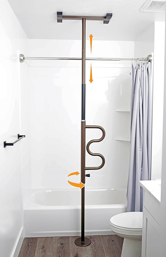 Stander Wonder Pole, Security-Pole and Curve Grab Bar, Tension Mounted Floor to Ceiling Transfer-Pole for Seniors, Elderly Adults, Bathroom Safety Assist and Stability Rail, Bronze