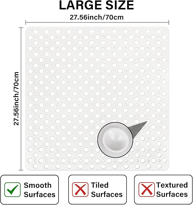 Square Shower Mat Non Slip, 27" x 27" Large Shower Mats for Inside Shower, Soft TPE Shower Floor Mat with Suction Cups and Big Drain Holes, Anti Slip Shower Stall Matt, White